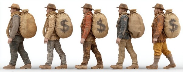Five Pixel Art Figures Carrying Burlap Sacks Walking in Row