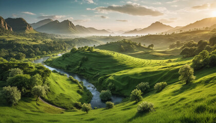 Scenic Green Valley Landscape with Winding River and Distant Mountains