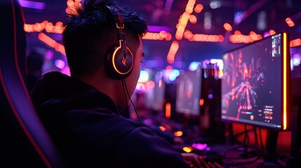 Focused Gamer in a Vibrant Esports Arena