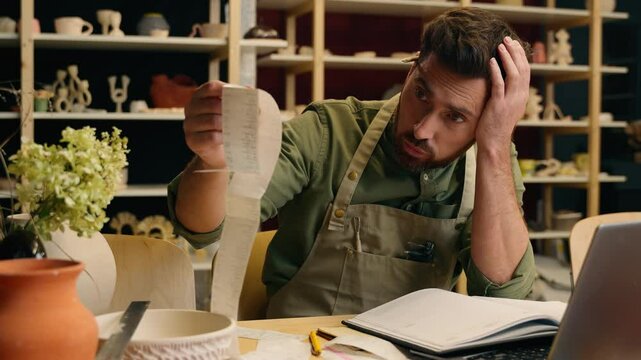 Depressed desperate shocked Caucasian man small business owner craftsman businessman potter crock male holding big long check bill debt receipt finance problems laptop account indoor workshop pottery