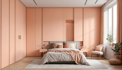 Elegant Peach Bedroom Interior with Minimalist Design and Natural Light