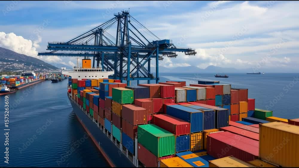 Aufkleber container ship navigating through a port with colorful shipping containers and cranes against a blue