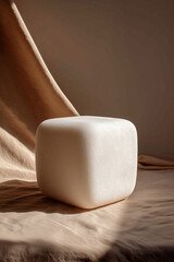 Abstract Beige Backdrop with Minimalist Rounded Cube Object, Studio Shot, Muted Tones, Soft Light