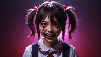 Creepy Schoolgirl with Blood Smiling Portrait for Halloween or Horror