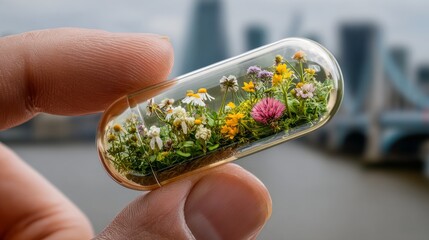 Delicate glass capsule with vibrant wildflowers and green grass held by businessman’s hand against city backdrop, symbolizing nature preservation, eco innovation and sustainable urban living