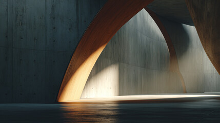 Abstract Concrete Architecture with Wooden Arches Bathed in Gentle Morning Sunlight
