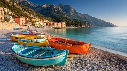 Obraz premium Colorful boats on pebble beach, Mediterranean coast at dawn. Serene coastal harmony in morning light.