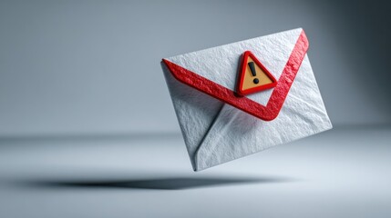 Floating envelope with red alert symbol against a subtle grey backdrop evokes a sense of urgency in modern communication design