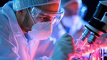 Focused Scientist Using Microscope in a Dimly Lit Laboratory
