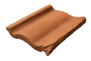 Close-up of a single weathered red clay roof tile, isolated on a transparent background, showcasing its texture and shape