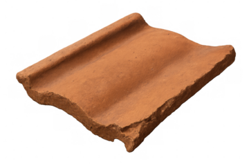 Close-up of a single weathered red clay roof tile, isolated on a transparent background, showcasing its texture and shape