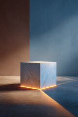 Abstract Marble Pedestal with Golden Light on Earth Tones and Blue Color Blocking