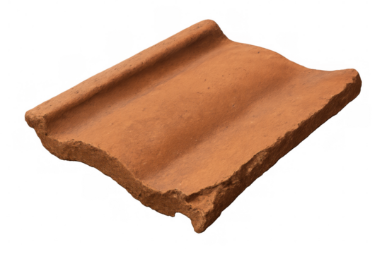 Close-up of a single weathered red clay roof tile, isolated on a transparent background, showcasing its texture and shape