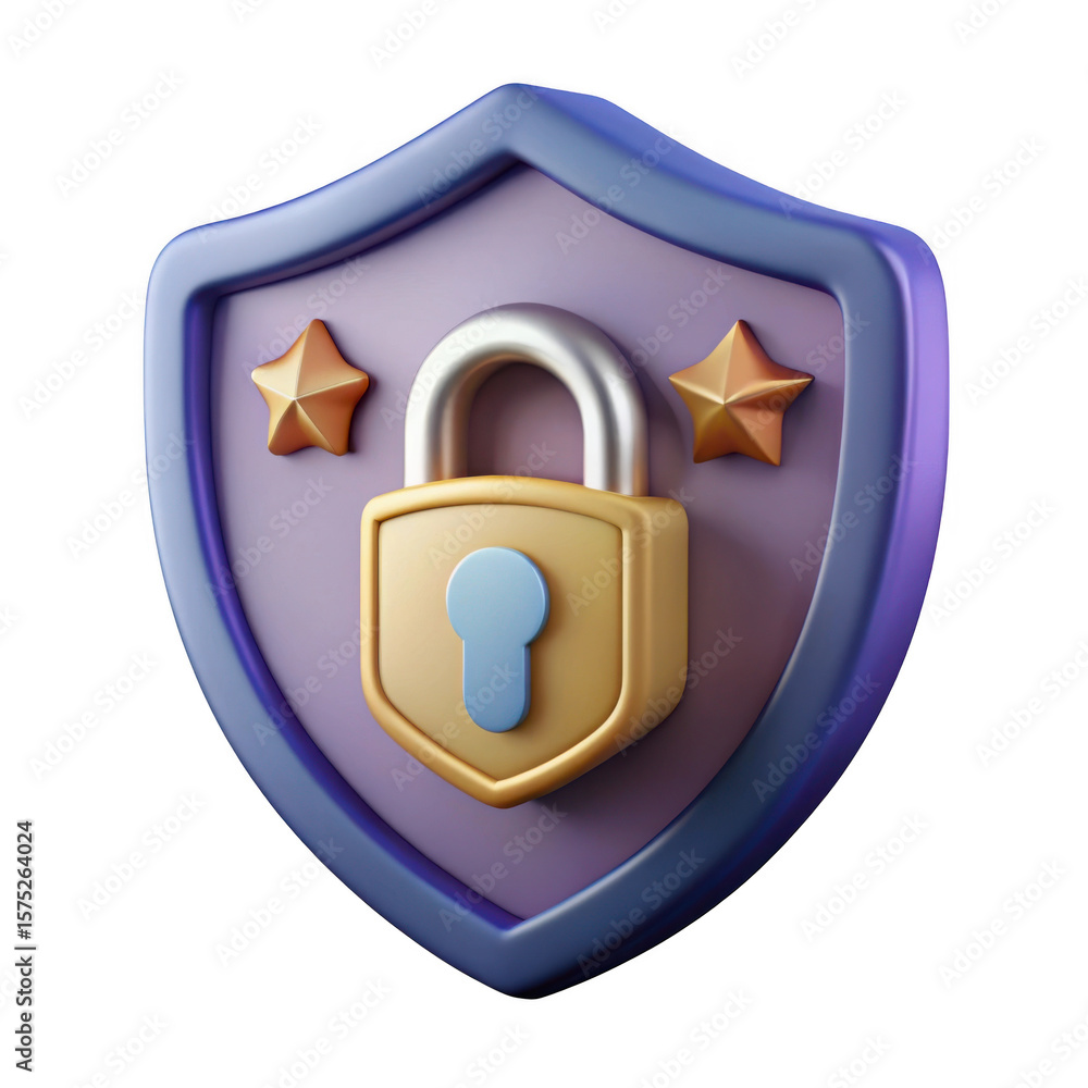 Poster 3d realistic shield with padlock and stars isolated on transparent background