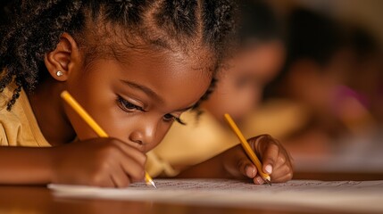 Focused Young Girl Writing with Pencils in Classroom