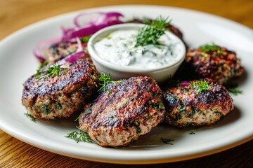 Plate of grilled meatballs with a side of tzatziki