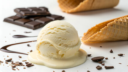 Vanilla ice cream scoop with chocolate syrup and cones for dessert photography and food blog posts