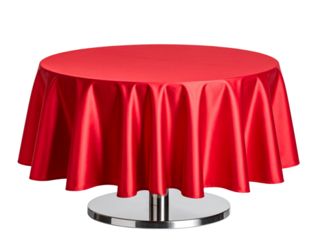 Round Red Tablecloth Draped Over Stainless Steel Table Base, Isolated on Transparent Background PNG