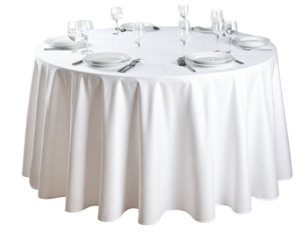  Round Table Draped with White Cloth, Isolated on Transparent Background PNG