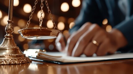 Golden Justice Scales with Blurry Person Writing Document in Background on Wooden Table