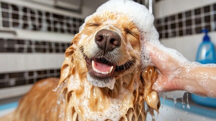 Golden Retriever Dog Bath Happy Canine Washed with Soap Suds