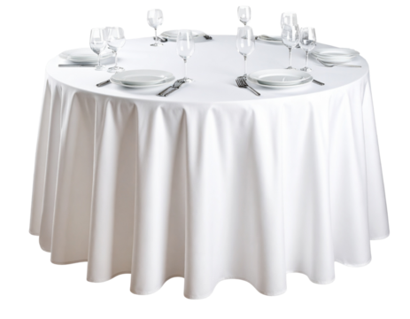  Round Table Draped with White Cloth, Isolated on Transparent Background PNG