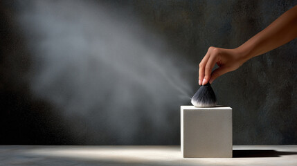 Artistic Display of Professional Cosmetic Brush and Subtle Mist in Studio Setting