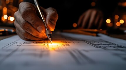 Hands Sketching Blueprint with Silver Pen in Warm Light