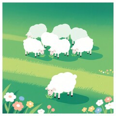 Flat - Style Sheep in Meadow Illustration, Pastoral Landscape Design