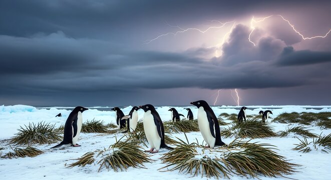 Penguins Standing on Snowy Ground Under Dramatic Lightning Sky