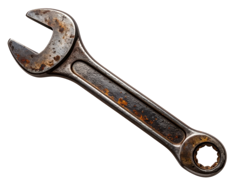 Used Open-End Spanner with Oil Stains and Worn Grip, isolated on a transparent background