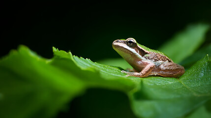 Obraz premium Tree frog resting on a vibrant leaf, bathed in soft sunlight - nature's delicate balance in a hidden world