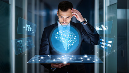 Businessman interacting with holographic brain and data displays on a futuristic tablet