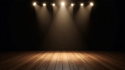 Dark Stage Wooden Floor Five Spotlights Warm Light