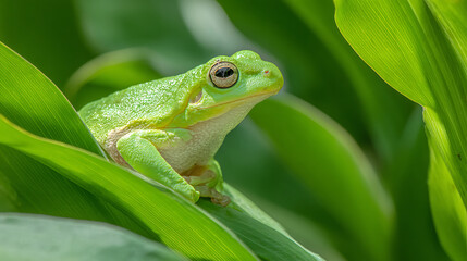 Fototapeta premium Tree frog resting on a vibrant leaf, bathed in soft sunlight - nature's delicate balance in a hidden world