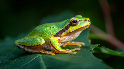 Obraz premium Tree frog resting on a vibrant leaf, bathed in soft sunlight - nature's delicate balance in a hidden world