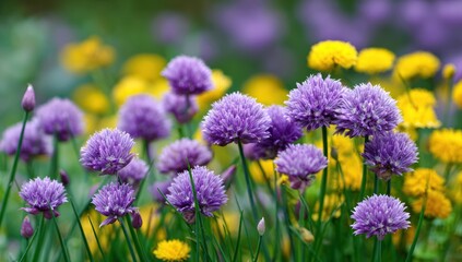 Obraz premium Purple and yellow flowers in a garden