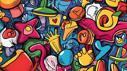 Fototapeta premium Vibrant, colorful doodle pattern with various everyday objects.