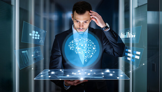 Businessman interacting with holographic brain and data displays on a futuristic tablet