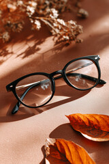 Autumn Still Life Featuring Stylish Eyeglasses and Dried Floral Arrangement on Warm Backdrop