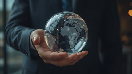 A dark suit businessman holds a transparent globe with a world map, symbolizing global business and strategy, with a softly blurred background and warm lighting.