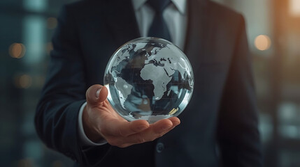 A dark suit businessman holds a transparent globe with a world map, symbolizing global business and strategy, with a softly blurred background and warm lighting.
