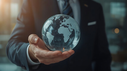 A dark suit businessman holds a transparent globe with a world map, symbolizing global business and strategy, with a softly blurred background and warm lighting.