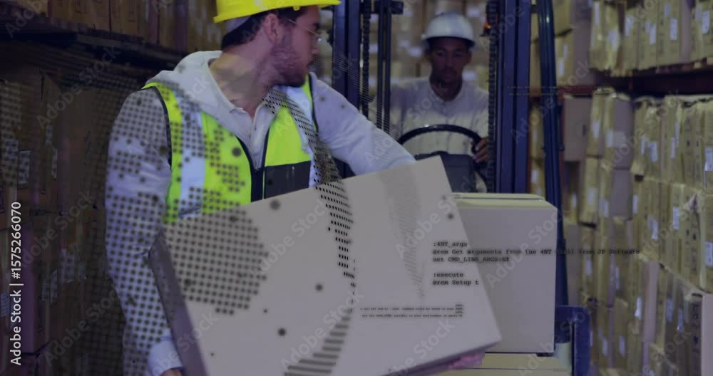 Poster forklift operator steering load and warehouse worker unloading two boxes onto shelves for storage