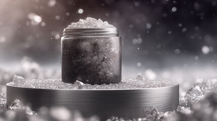 Captivating Still Life: Granular Substance in A Jar, Shimmering Crystal Surroundings, Soft Focus