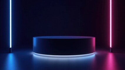 Dark Studio Cylindrical Platform Neon Blue Pink Lights