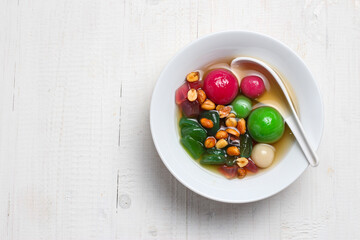 Wedang ronde. Traditional drink made from ginger, sticky rice balls, and peanuts. 