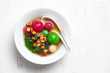 Wedang ronde. Traditional drink made from ginger, sticky rice balls, and peanuts. 