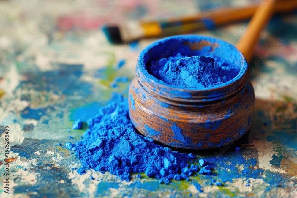 Poster bright blue powders creating a colorful buildup on a textured surface during artistic exploration, b