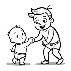 a cartoon man and child holding hands.